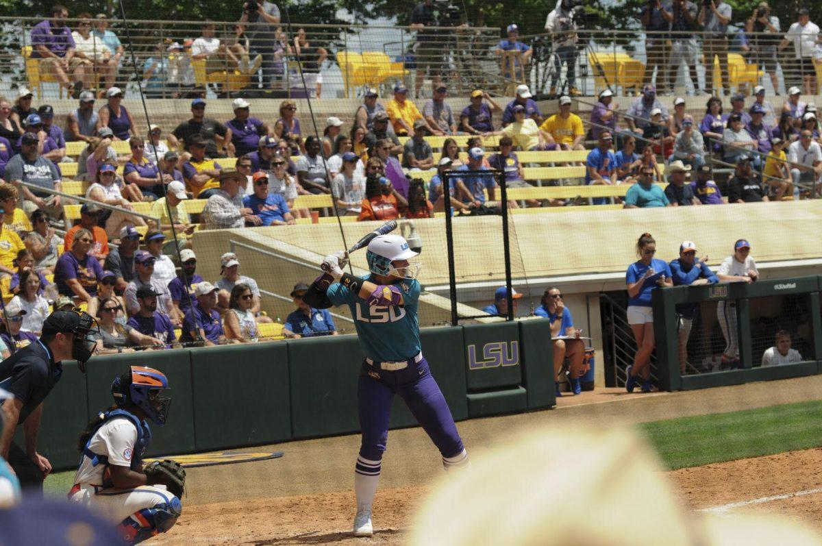 LSU 5th year senior pitcher Shelby Sunseri (27) gets ready to swing Saturday, April 30, 2022, during LSU&#8217;s 6-1 defeat against Florida at Tiger Park on Skip Bertman Drive in Baton Rouge, La.