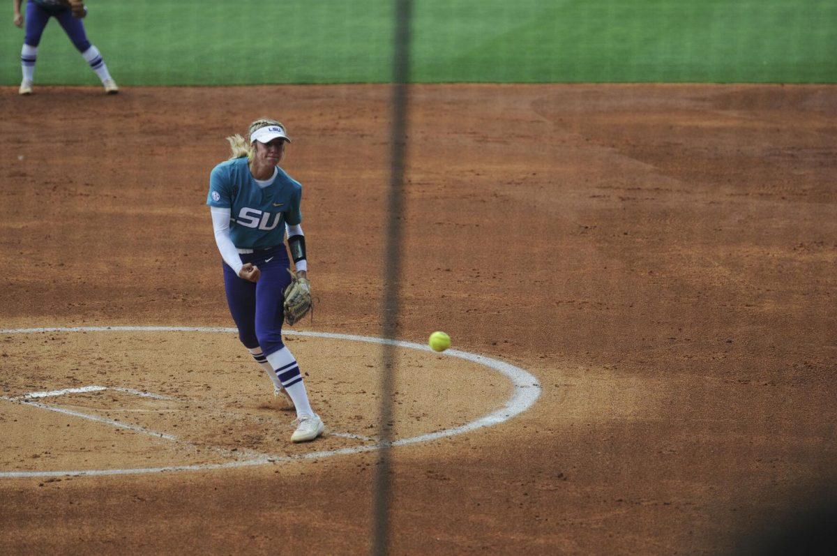 LSU redshirt junior pitcher Shelby Wickersham (11) pitches on the mound Saturday, April 30, 2022, during LSU&#8217;s 6-1 defeat against Florida at Tiger Park on Skip Bertman Drive in Baton Rouge, La.