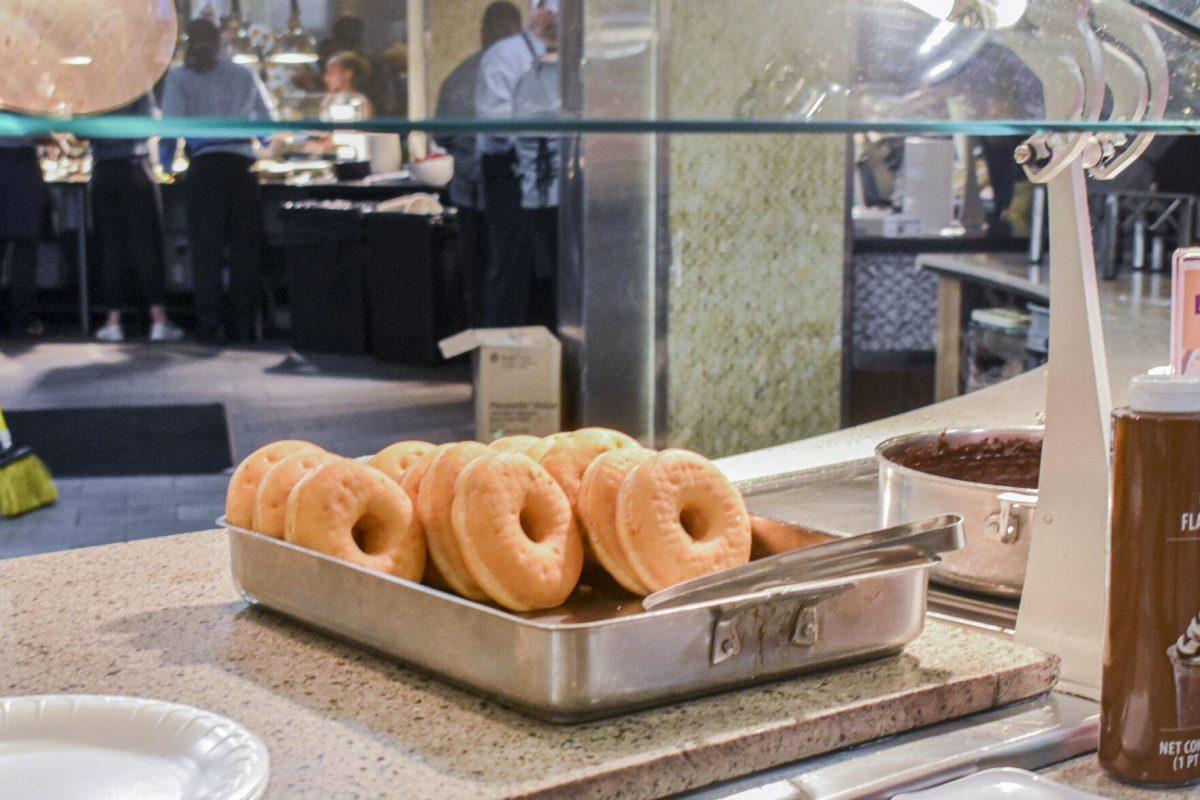 A tray of donuts sit Tuesday, May 3, 2022, in The 5 Dining Hall for President&#8217;s Breakfast on LSU&#8217;s campus in Baton Rouge, Louisiana.