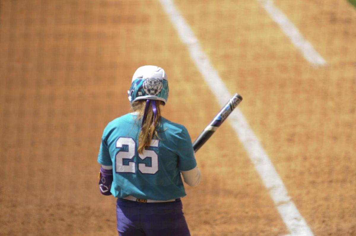 LSU redhsirt junior infielder Georgia Clark (25) walks to the plate Saturday, April 30, 2022, during LSU&#8217;s 6-1 defeat against Florida at Tiger Park on Skip Bertman Drive in Baton Rouge, La.