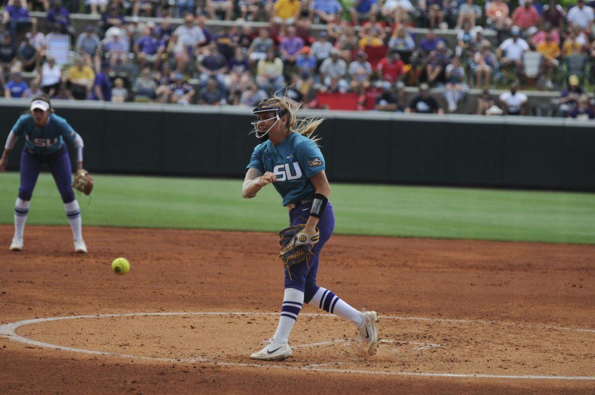 LSU redshirt junior pitcher Shelby Wickersham (11) pitches on the mound Saturday, April 30, 2022, during LSU&#8217;s 6-1 defeat against Florida at Tiger Park on Skip Bertman Drive in Baton Rouge, La.