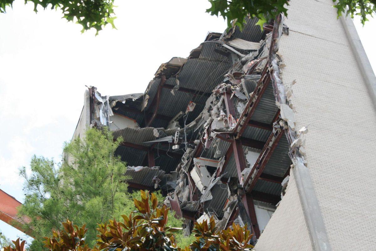 Kirby Smith demolition progress, as can be seen from West Campus Apartments.