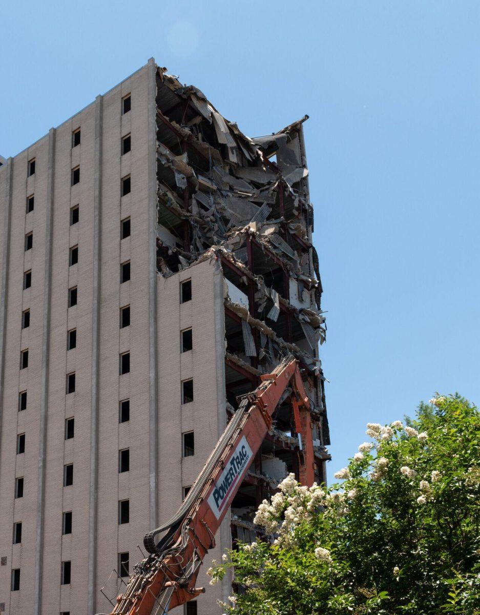 Demolition leaves the floors and structure of Kirby Smith Hall exposed on Thursday, May 26, 2022.