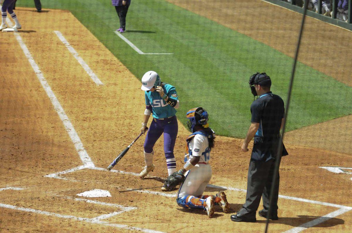 LSU redshirt sophomore outfielder Ciara Briggs (88) gets ready to swing Saturday, April 30, 2022, during LSU&#8217;s 6-1 defeat against Florida at Tiger Park on Skip Bertman Drive in Baton Rouge, La.