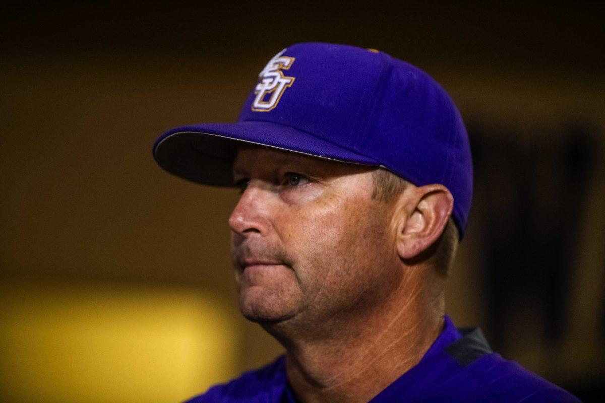 LSU baseball head coach Jay Johnson looks out onto the field Friday, Feb. 18, 2022 before LSU's 8-0 win against Maine at Alex Box Stadium on Gourrier Avenue in Baton Rouge, La.