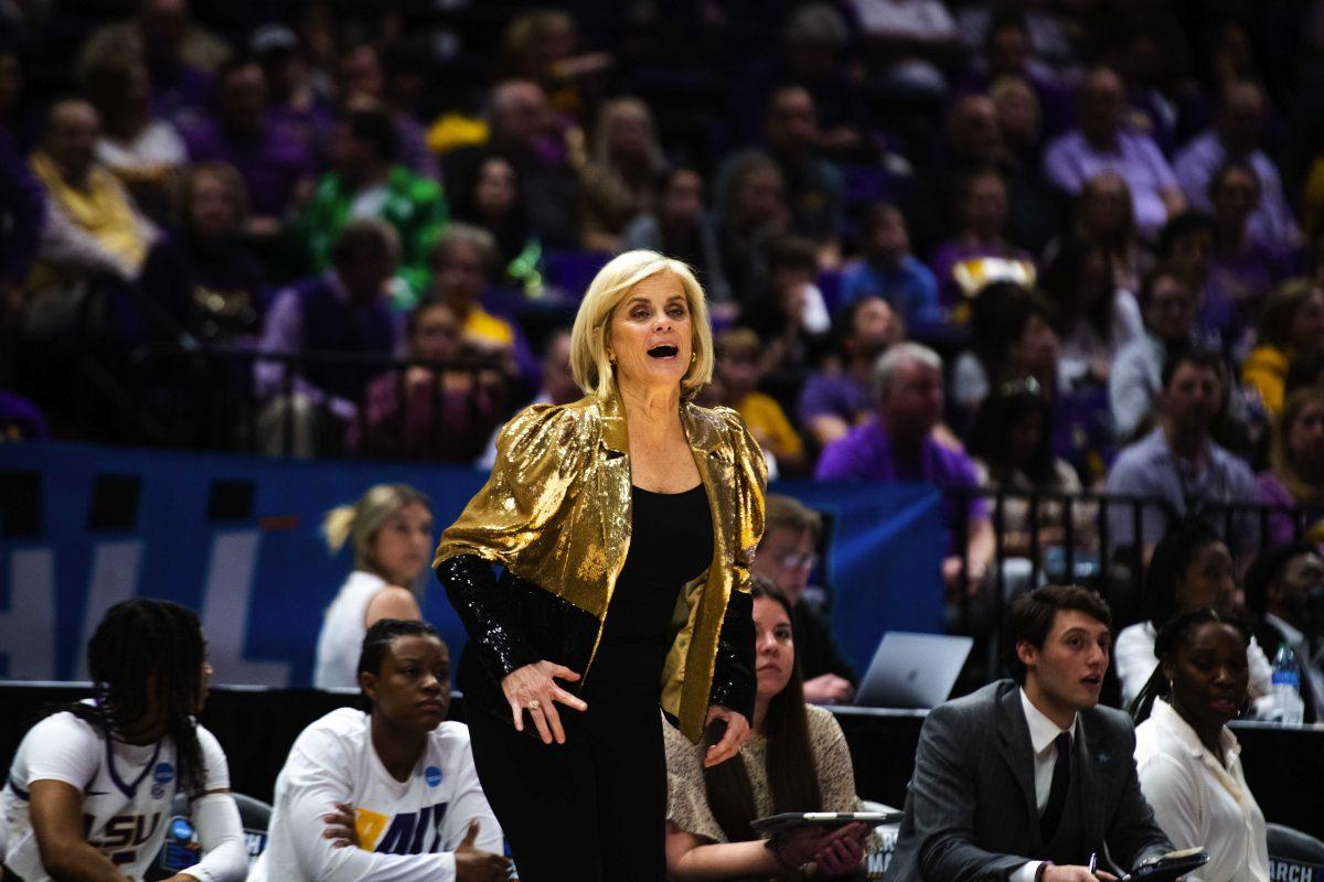 LSU women&#8217;s basketball head coach Kim Mulkey coaches from the sidelines Saturday, March 19, 2022, during LSU&#8217;s 83-77 win against Jackson State in the first round of the NCAA women&#8217;s basketball tournament in the Pete Maravich Assembly Center on North Stadium Drive in Baton Rouge, La.