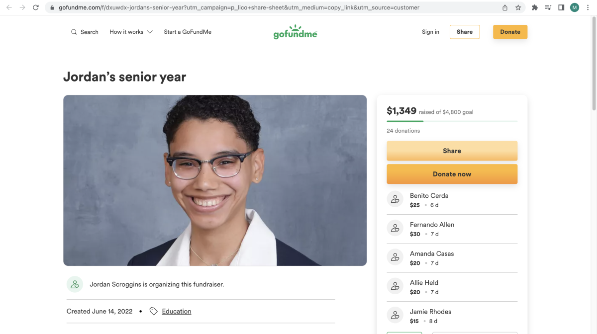 A screenshot of Jordan Scroggins' GoFundMe page that sits at $1,349 in donations as of June 24, 2022.