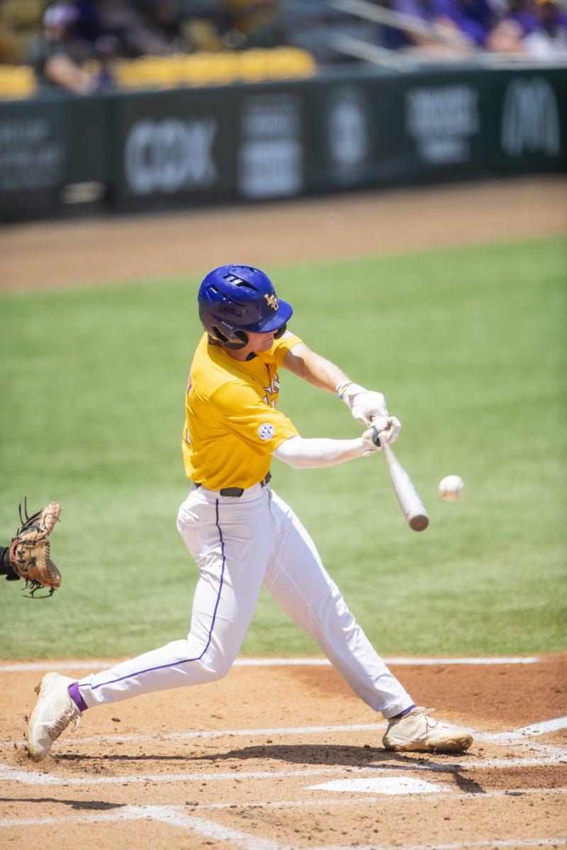 LSU baseball sophomore infielder Cade Doughty (4) hits the ball Sunday, May, 1, 2022, during the Tigers&#8217; 4-3 walk-off win against the Georgia Bulldogs at Alex Box Stadium in Baton Rouge, La.