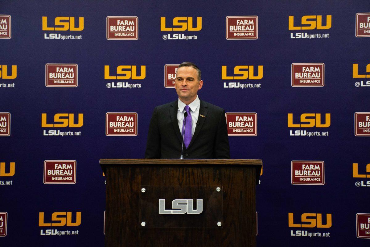 Matt McMahon speaks to the press Wednesday, March 23, 2022, during a press conference held in regard to his recent hire as LSU basketball's new head coach at the Bill Lawton Room in Tiger Stadium in Baton Rouge, La.