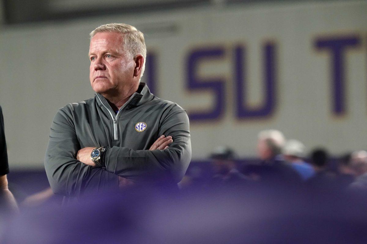 LSU head coach Brian Kelly watches during LSU Pro Day in Baton Rouge, La., Wednesday, April 6, 2022. (AP Photo/Gerald Herbert)