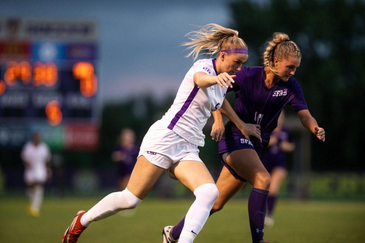 LSU soccer freshman defender Kelci Bowers (5) runs towards the ball Thursday, Aug. 18, 2022, during LSU’s 5-0 win against Stephen F. Austin at LSU's Soccer Stadium off of Nicholson Drive.