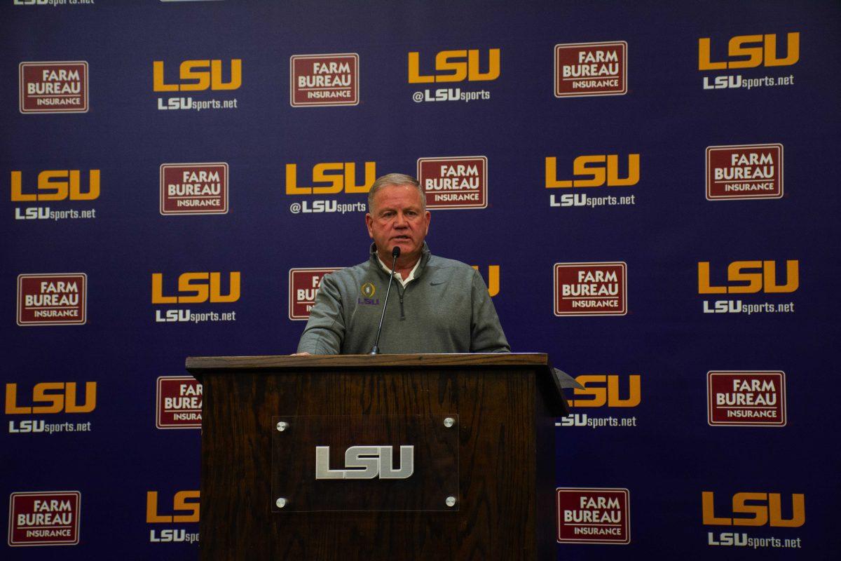 LSU football head coach Brian Kelly speaks to the press regarding spring football Wednesday, March 23, 2022, at the Bill Lawton room in Tiger Stadium in Baton Rouge, La.