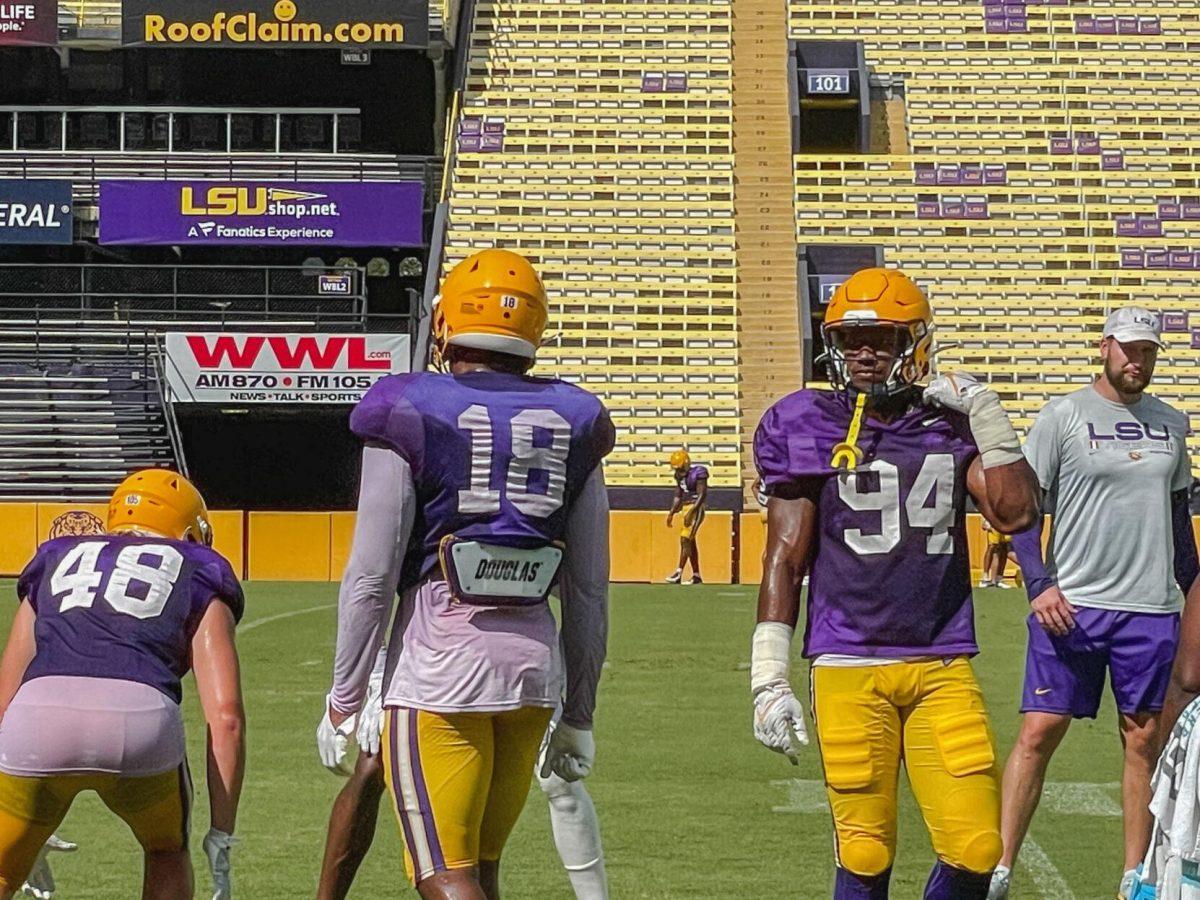 LSU football junior defensive end BJ Ojulari (18) lines up on Saturday, August 20, 2022, during practice at Tiger Stadium on North Stadium Drive in Baton Rouge, La.