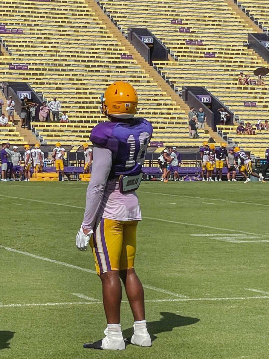 LSU football junior defensive end BJ Ojulari (18) looks out on to the field on Saturday, August 20, 2022, during practice at Tiger Stadium on North Stadium Drive in Baton Rouge, La.