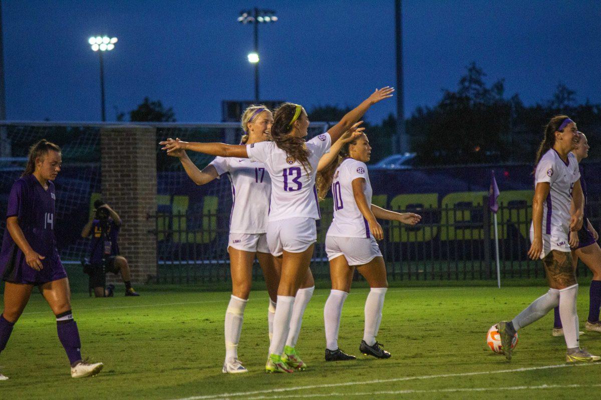 LSU soccer forward redshirt junior Taylor Dobles (13) celebrates a goal with mifield freshman Ida Hermannsdottir (17) Thursday, Aug. 18, 2022, during LSU women's soccer match against Stephen F. Austin at LSU's Soccer Stadium off of Nicholson Drive.