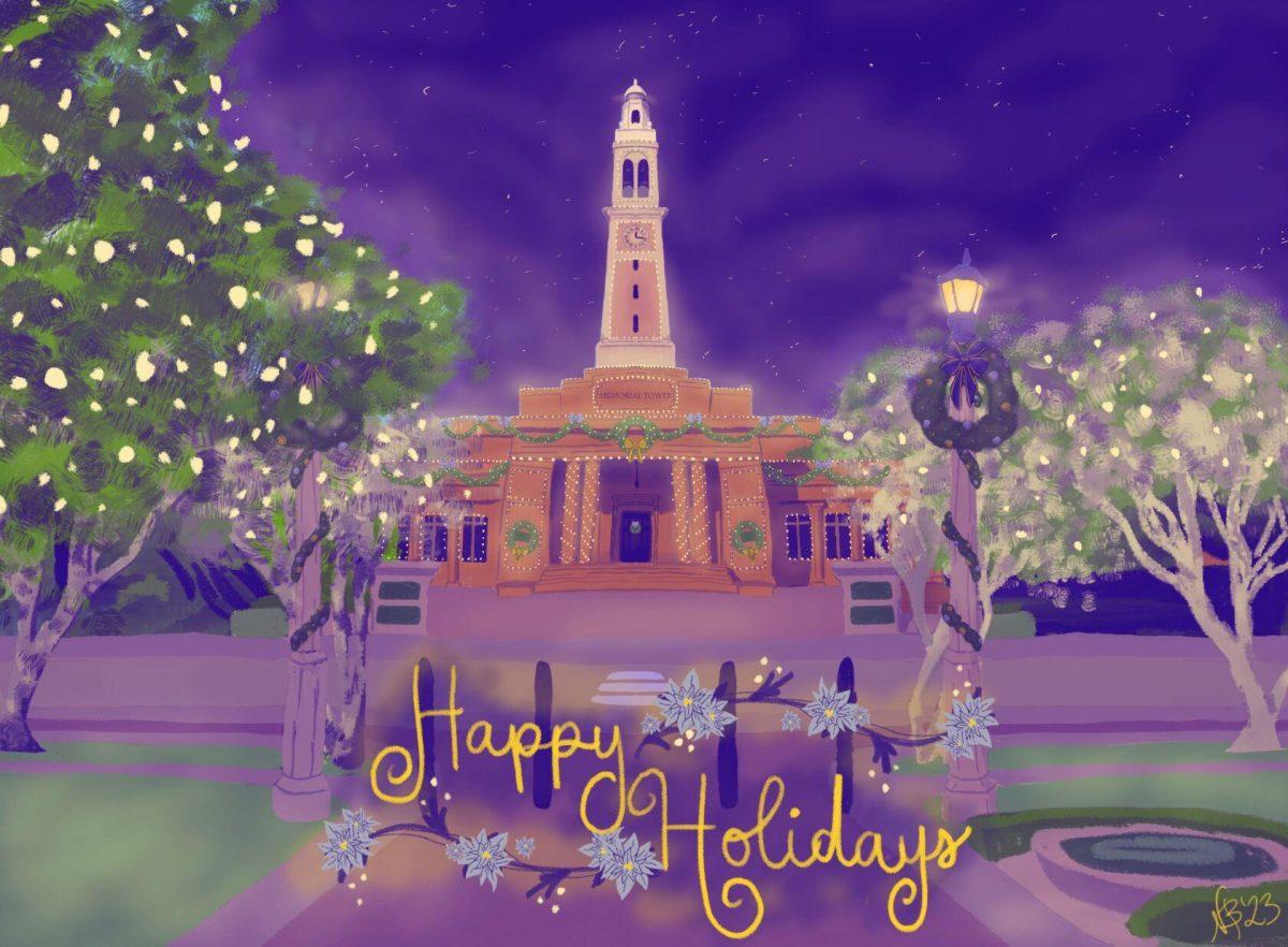 A holiday card for LSU's Office of Academic Affairs featuring Memorial Tower lit up with holiday decorations.