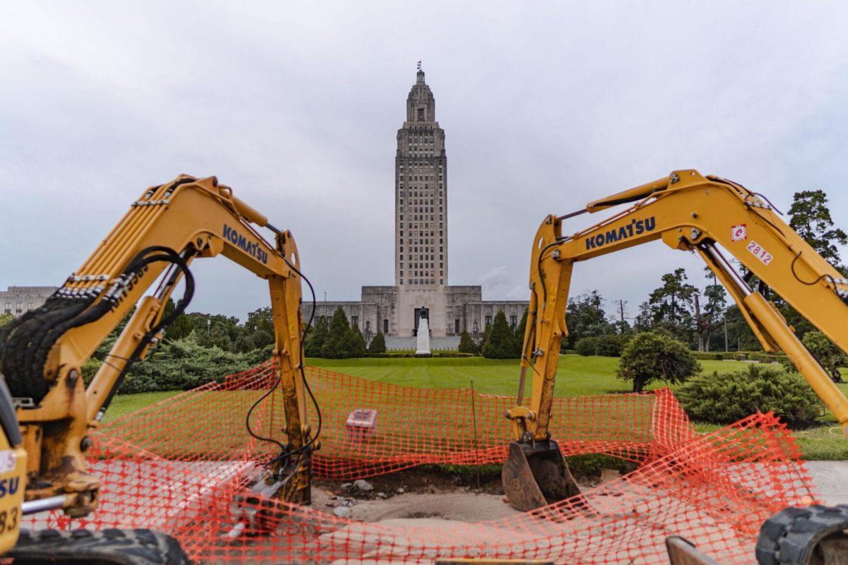 Construction equipment sits in front of the State Capitol on Monday, Aug. 22, 2022, on Spanish Town Road in Baton Rouge, La.