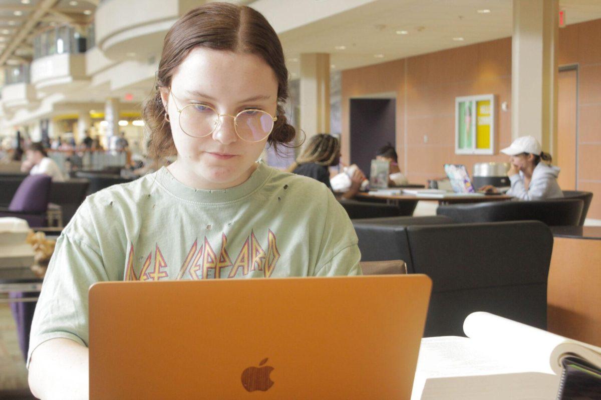 An LSU student uses her laptop to study on Friday, Aug. 26, 2022, in the Student Union on LSU's Campus in Baton Rouge, La.