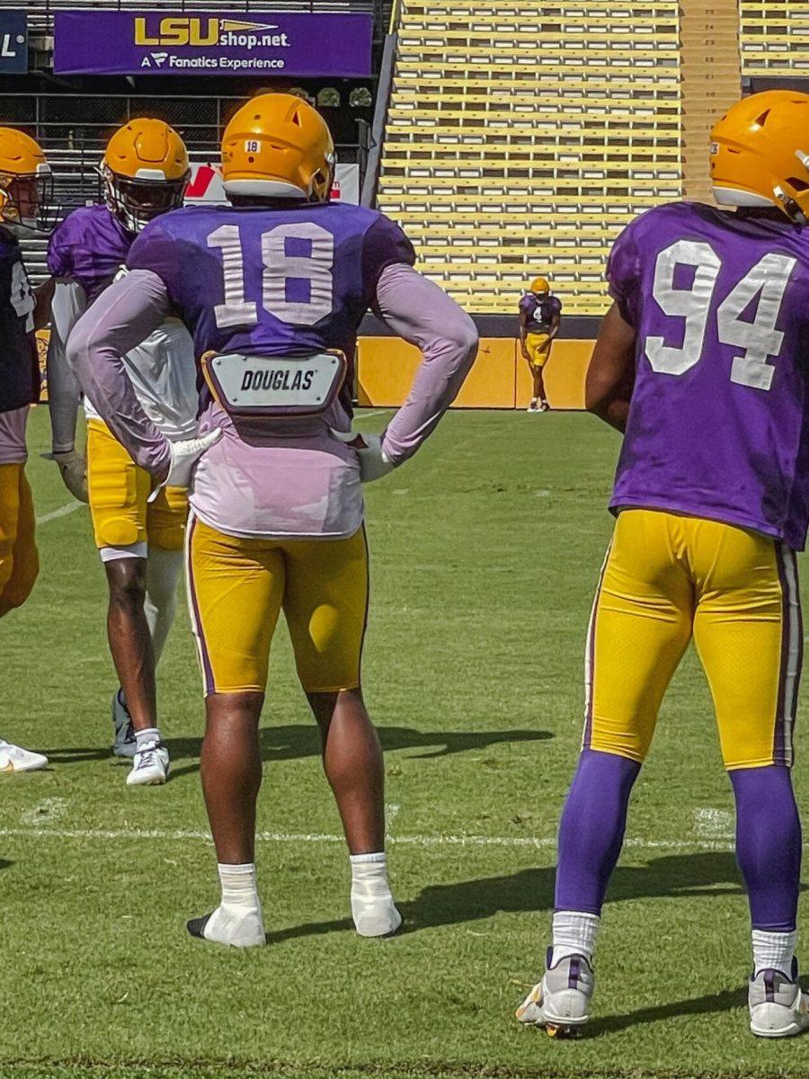 LSU football junior defensive end BJ Ojulari (18) looks out on to the field on Saturday, August 20, 2022, during practice at Tiger Stadium on North Stadium Drive in Baton Rouge, La.