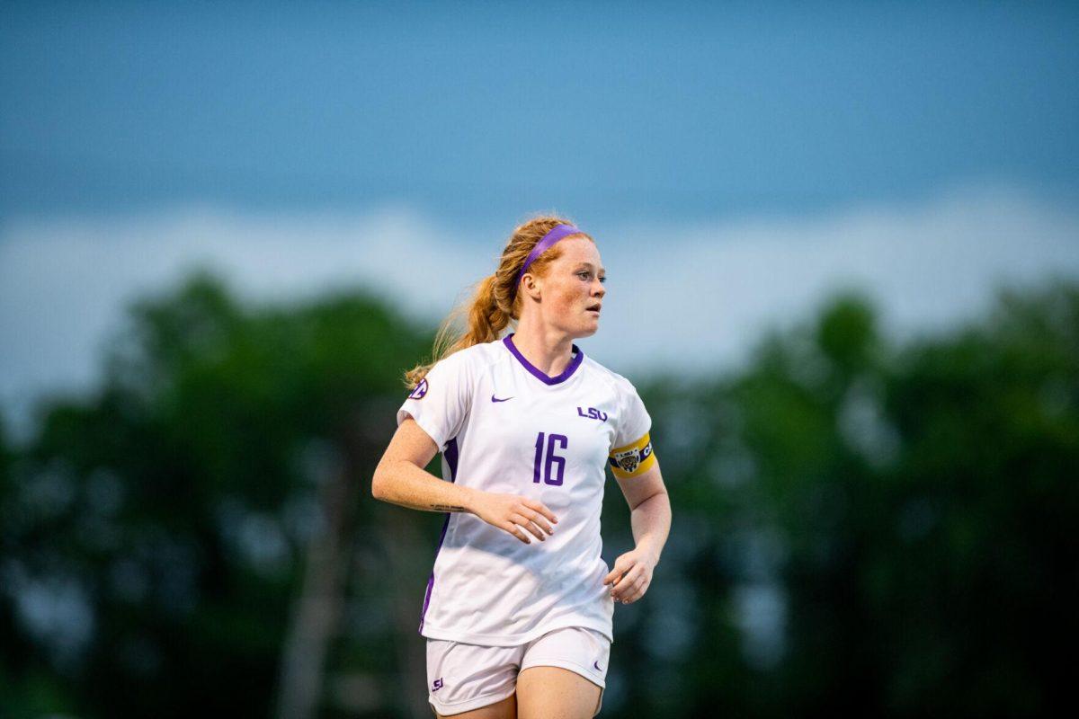 LSU soccer fifth-year senior defender Lindsi Jennings (16) watches the action unfold Thursday, Aug. 18, 2022, during LSU’s 5-0 win against Stephen F. Austin at LSU's Soccer Stadium off of Nicholson Drive.