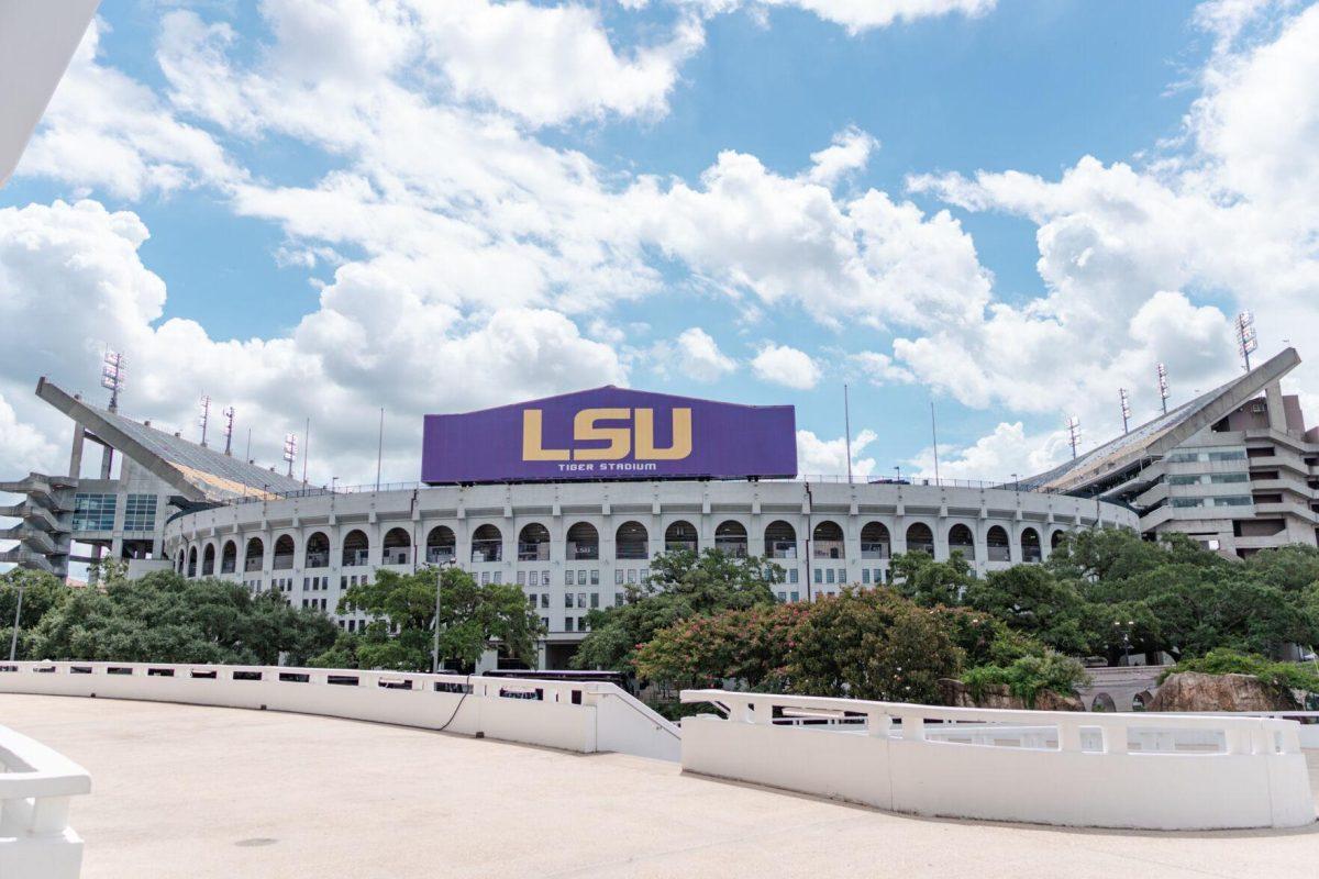 Tiger Stadium rises above the trees on Saturday, Aug. 27, 2022, on North Stadium Drive in Baton Rouge, La.