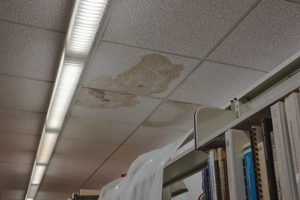 Water damage appears on the ceiling on Tuesday, Aug. 30, 2022, inside of the LSU Library on Tower Drive in Baton Rouge, La.