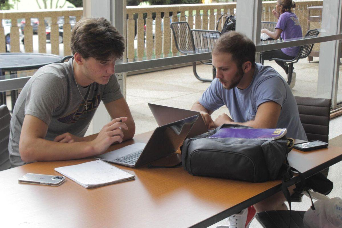 Two LSU students study together on Friday, Aug. 26, 2022, in the Student Union on LSU's Campus in Baton Rouge, La.