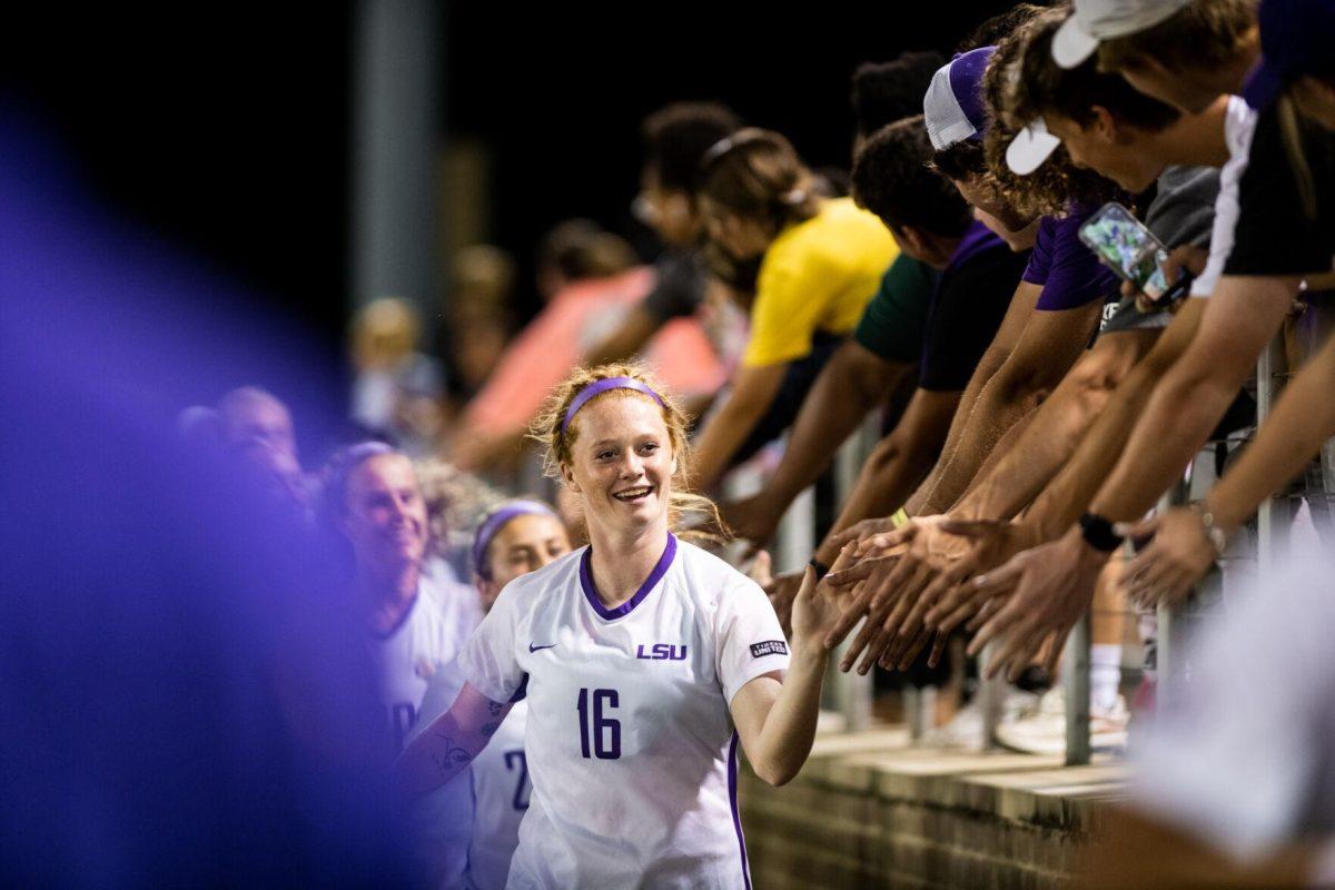 LSU soccer fifth-year senior defender Lindsi Jennings (16) smiles at the fans Thursday, Aug. 18, 2022, after LSU’s 5-0 win against Stephen F. Austin at LSU's Soccer Stadium off of Nicholson Drive.