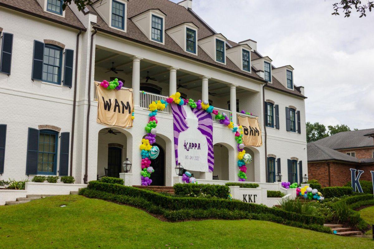 Banners hang from the Kappa Kappa Gamma house on Tuesday, Aug. 23, 2022, on Lakeshore Drive in Baton Rouge, La.