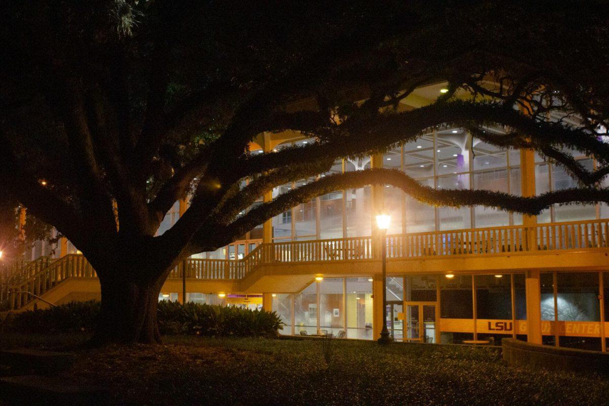 Lamps light up the walkways on Sunday, Aug. 28, 2022, in front of the Student Union in Baton Rouge, La.