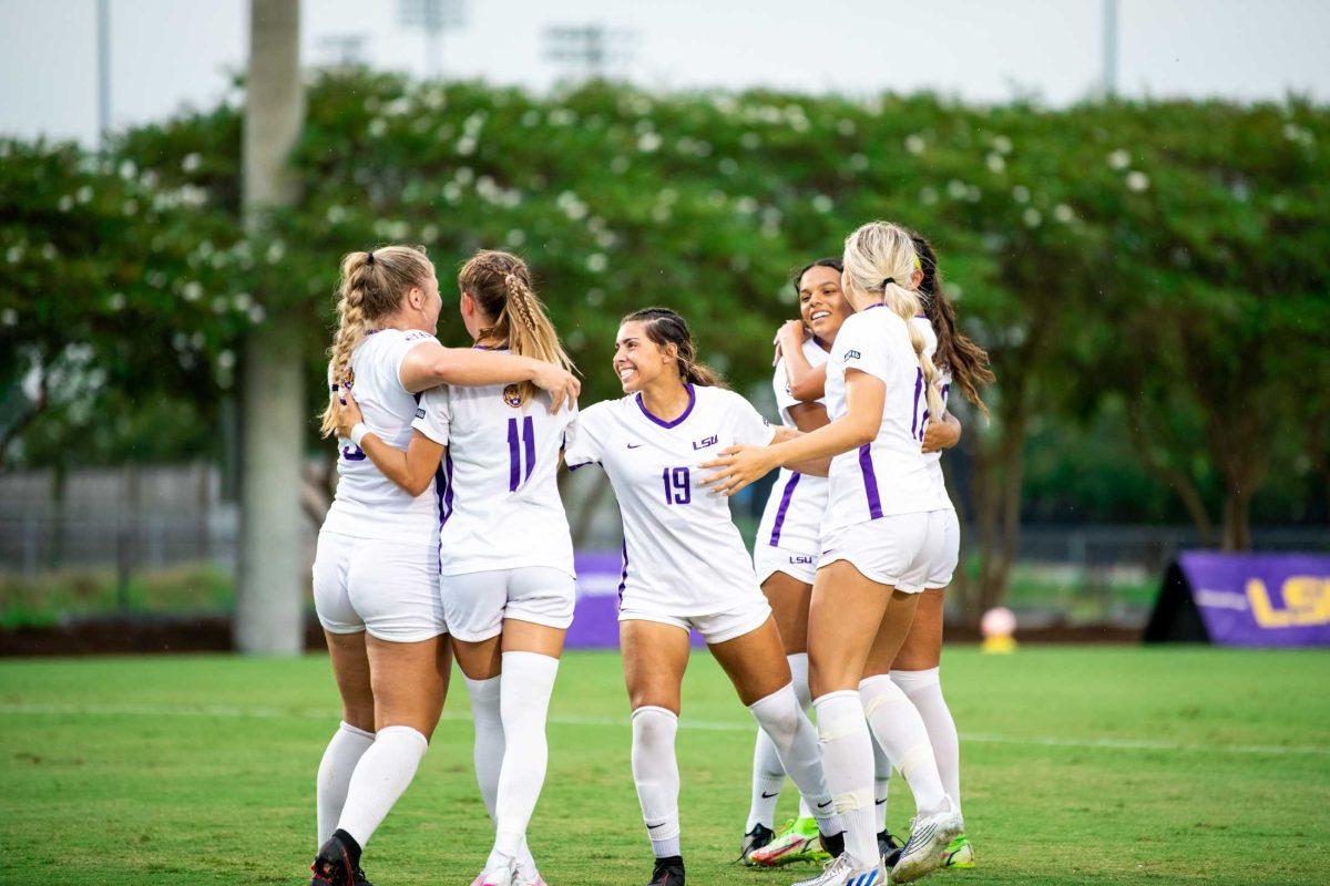 Players on the LSU soccer team celebrate after redhisrt sophomore forward Mollie Baker (3) scores Thursday, Aug. 18, 2022, during LSU&#8217;s 5-0 win against Stephen F. Austin at LSU's Soccer Stadium off of Nicholson Drive.