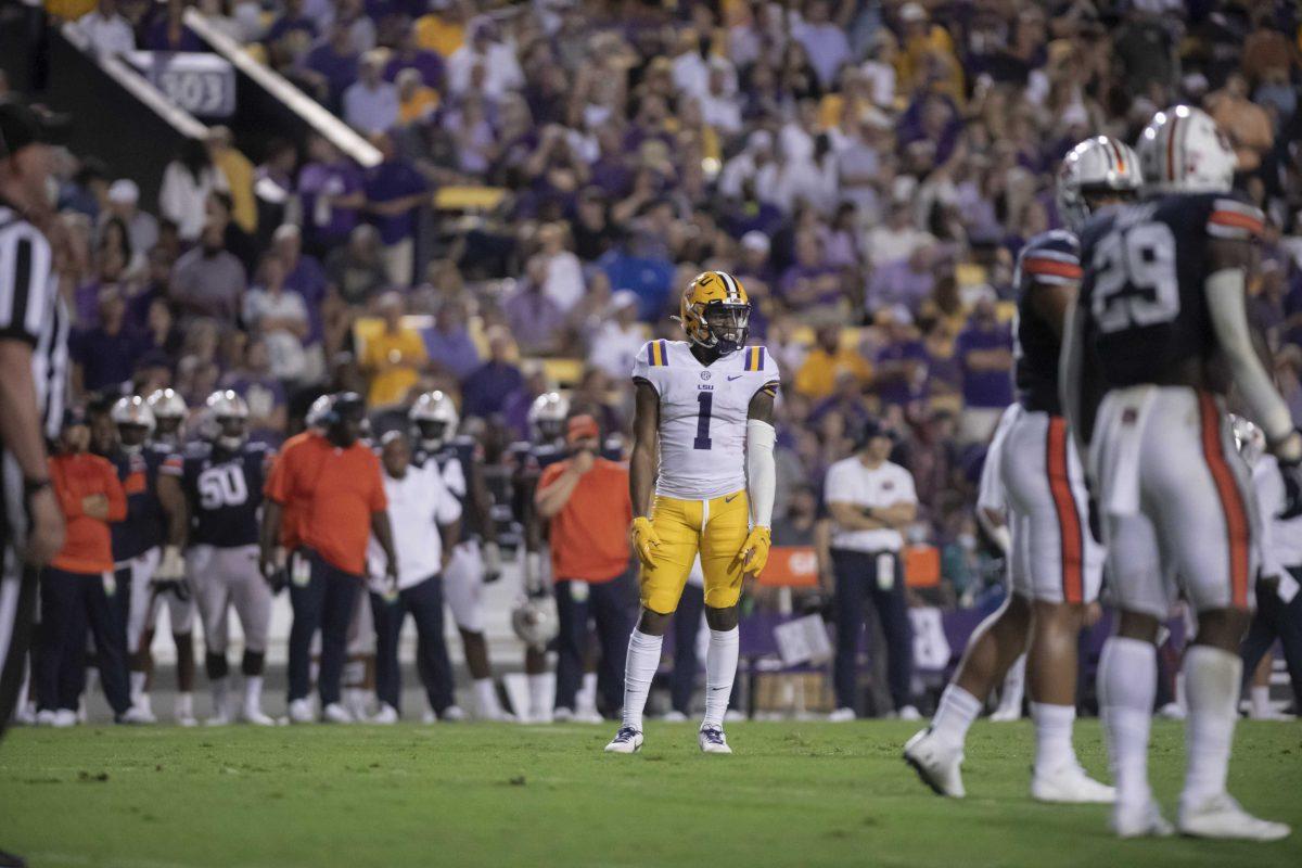 LSU sophomore wide receiver Kayshon Boutte (1) waits for the playcall on Saturday, Oct. 2, 2021, during LSU's 24-19 loss against Auburn at Tiger Stadium in Baton Rouge, La.