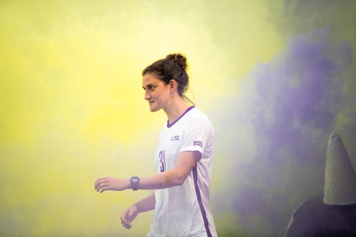 LSU soccer graduate student forward Meghan Johnson (31) walks onto the pitch Thursday, Aug. 18, 2022, before LSU's 5-0 win against Stephen F. Austin at LSU's Soccer Stadium off of Nicholson Drive.