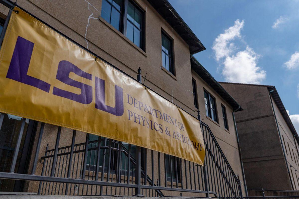 A sign indicates the LSU physics and astronomy departments on Sunday, Aug. 28, 2022, at Nicholson Hall on Tower Drive in Baton Rouge, La.