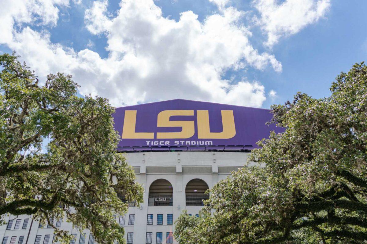 Tiger Stadium peaks through the trees on Saturday, Aug. 27, 2022, on North Stadium Drive in Baton Rouge, La.