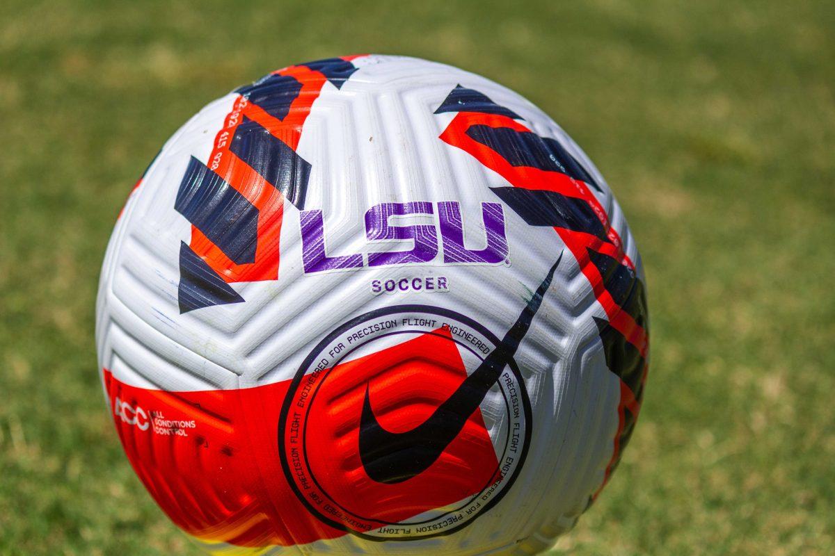 A LSU soccer ball sits on a cone Saturday, March 26, 2022, during the LSU vs Auburn exhibition match at LSU's Soccer Stadium off of Nicholson Drive.