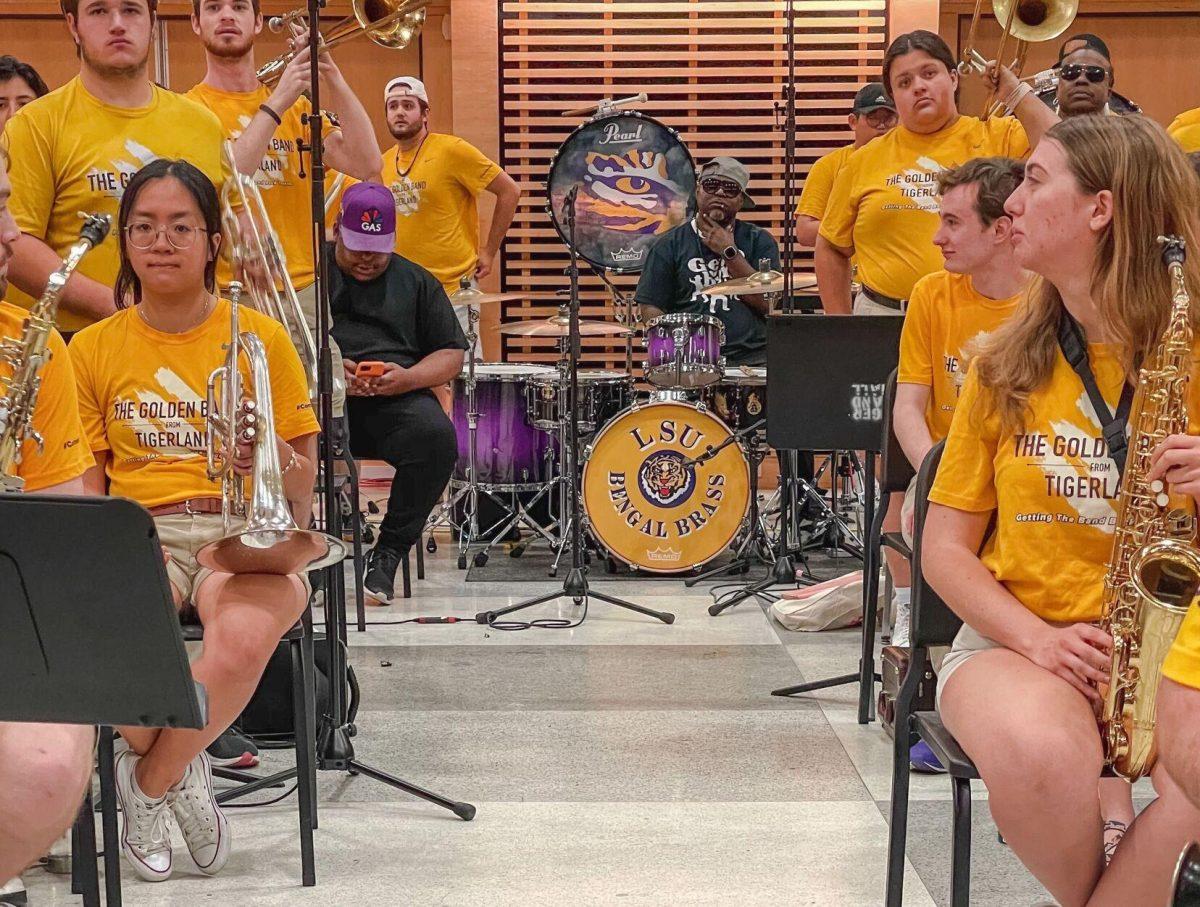 Drummer Savar Martin plays with the Tiger Band while recording Sean Ardoin's album "Full Circle" in the LSU band room on April 10, 2022.&#160;
