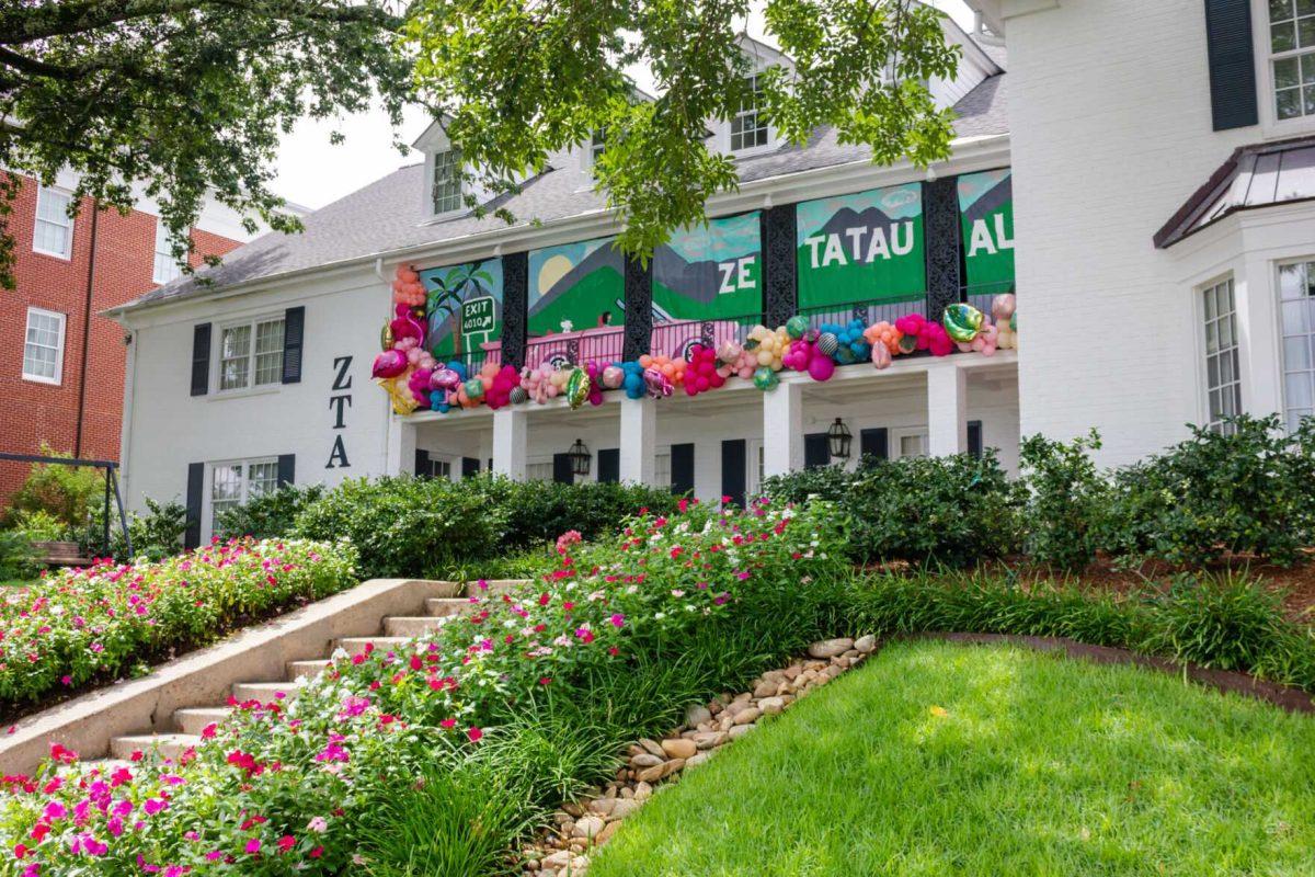 Flowers flourish on the front lawn of the Zeta Tau Alpha house on Tuesday, Aug. 23, 2022, on Lakeshore Drive in Baton Rouge, La.