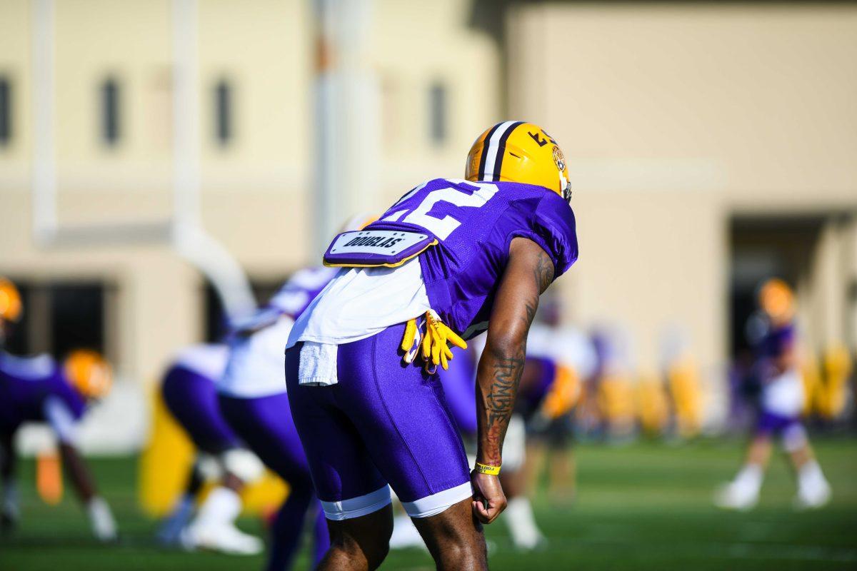 LSU football junior cornerback Mekhi Garner (22) waits for the play Tuesday, March 29, 2022 during LSU's spring practice in Baton Rouge, La.