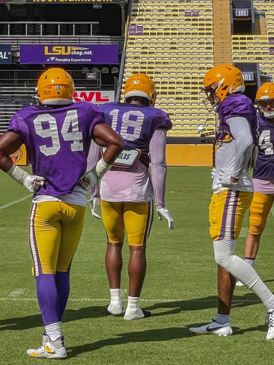 LSU football junior defensive end BJ Ojulari (18) lines up on Saturday, August 20, 2022, during practice at Tiger Stadium on North Stadium Drive in Baton Rouge, La.