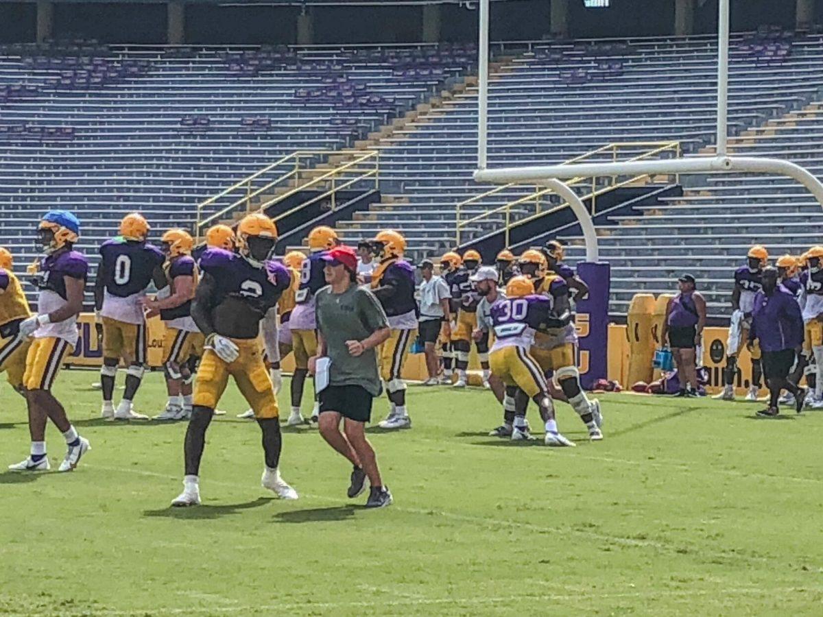 The LSU Football team runs drills on Saturday, August 20, 2022, during practice at Tiger Stadium on North Stadium Drive in Baton Rouge, La.