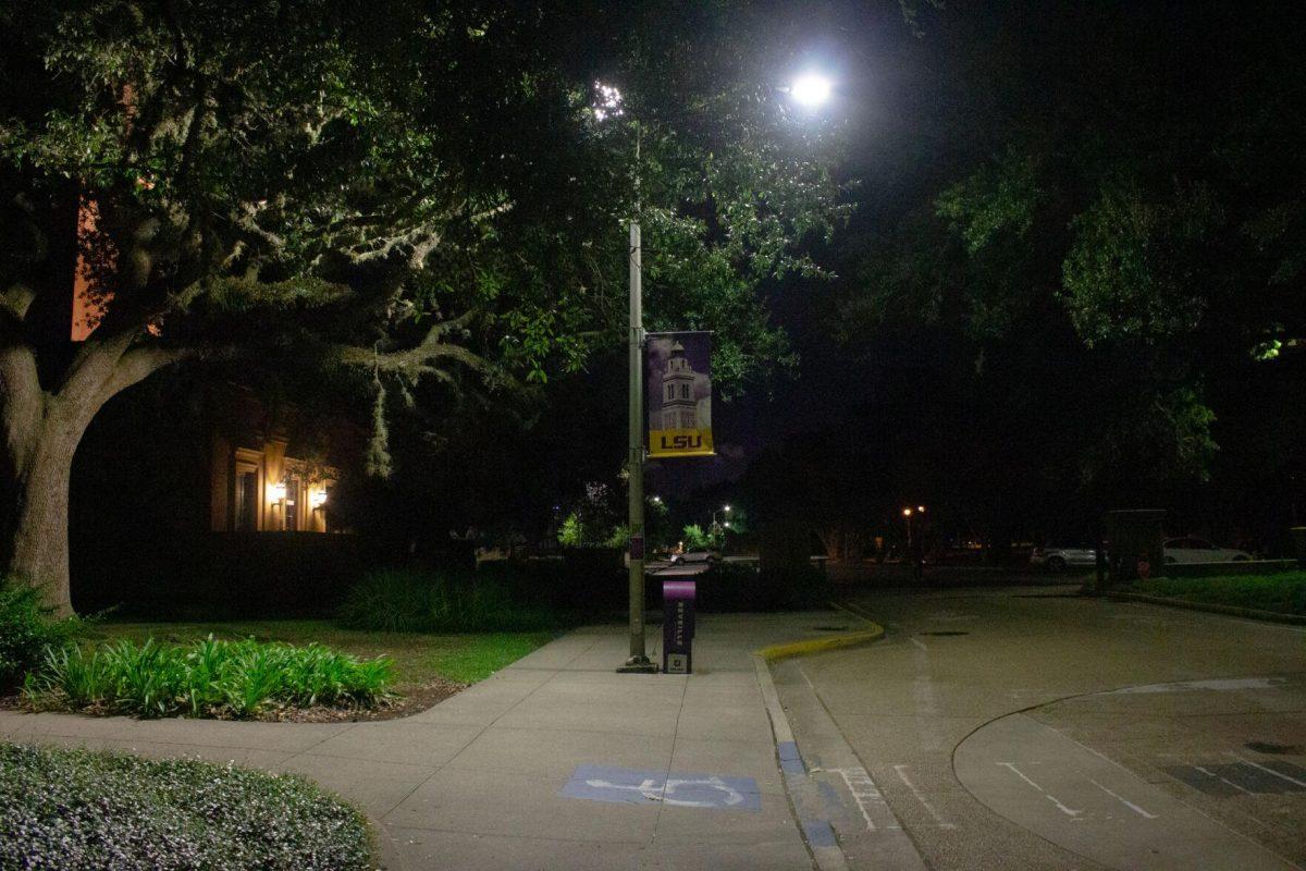 A banner hangs from the street light on Sunday, Aug. 28, 2022, along Tower Drive in Baton Rouge, La.