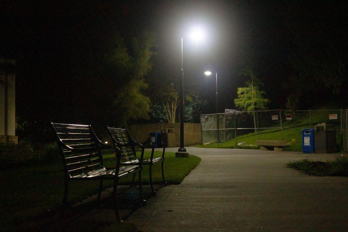 Benches sit on Sunday, Aug. 28, 2022, beside Cypress Hall in Baton Rouge, La.