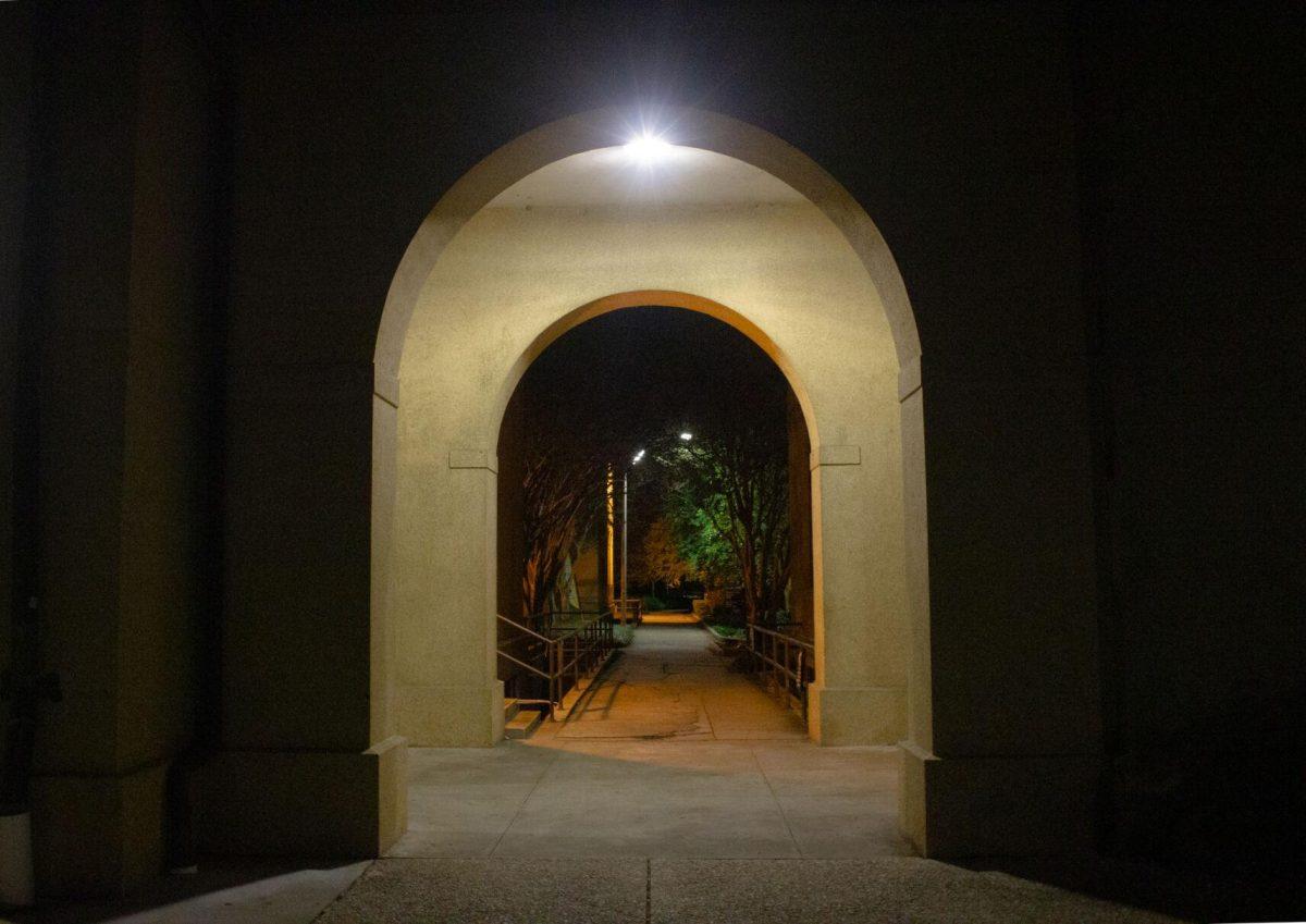 Lights brighten the walkway on Sunday, Aug, 28. 2022, between Coates and Himes Hall in Baton Rouge, La.