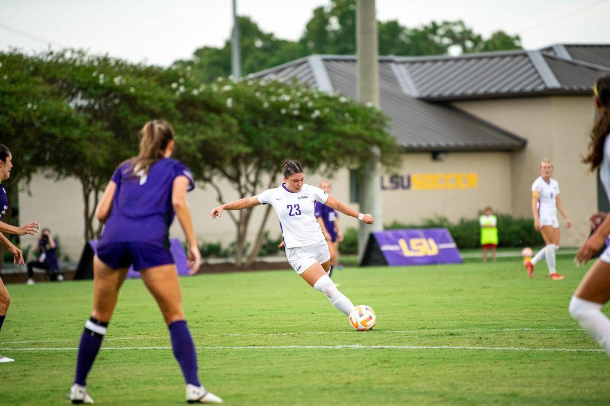 LSU soccer freshman midfielder Raelyn Prince (23) prepares to kick the ball Thursday, Aug. 18, 2022, during LSU’s 5-0 win against Stephen F. Austin at LSU's Soccer Stadium off of Nicholson Drive.
