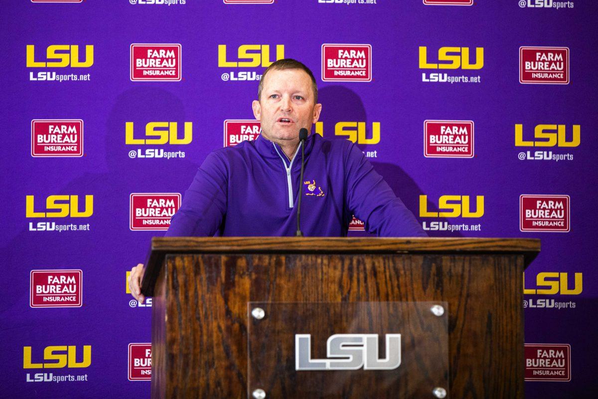 LSU baseball head coach Jay Johnson talks about the team uniforms during his press conference Friday, Jan. 28, 2022, in Alex Box Stadium on Gourrier Avenue in Baton Rouge.