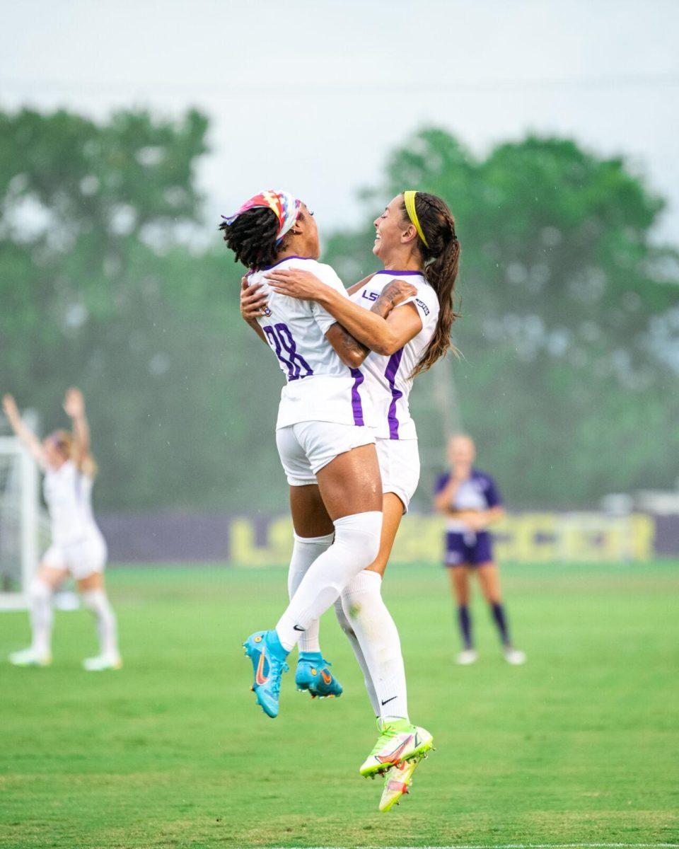 LSU soccer senior forward Rammie Noel (28) and redshirt junior forward Taylor Dobles (13) celebrate a goal Thursday, Aug. 18, 2022, during LSU’s 5-0 win against Stephen F. Austin at LSU's Soccer Stadium off of Nicholson Drive.