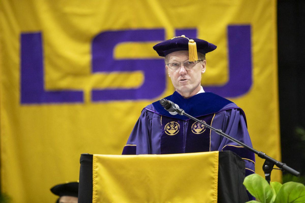 Vice Provost of LSU, Roy Haggerty, delivers his commencement speech in the Pete Maravich Assembly Center on August 12, 2022.