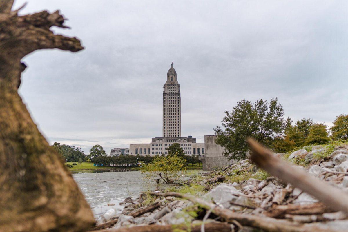 The Louisiana State Capitol climbs into the clouds on Monday, Aug. 22, 2022, on North 3rd Street in Baton Rouge, La.