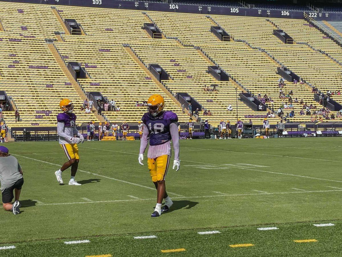 LSU football junior defensive end BJ Ojulari (18) walks to the sideline on Saturday, August 20, 2022, during practice at Tiger Stadium on North Stadium Drive in Baton Rouge, La.